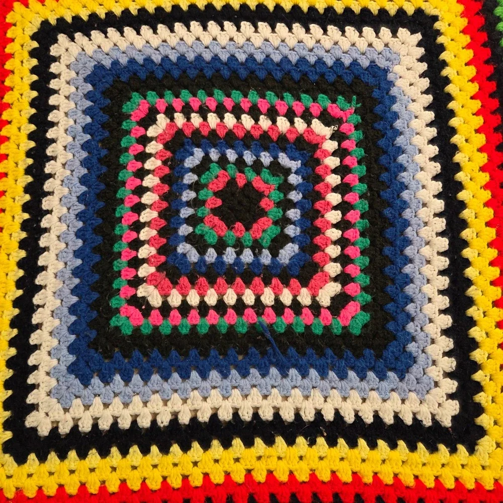 Vintage‎ Handmade Crochet Granny Square Rainbow Afghan Throw Blanket 36x36 Boho
